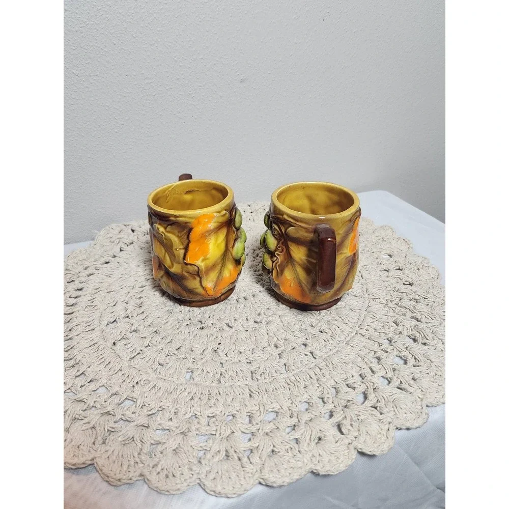 Vintage Ceramic Grape Cluster Centerpiece Pot and Matching Mug Set Amber Gold